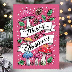 Tarjeta Festiva Pink Mushroom Merry Christmas Woodland