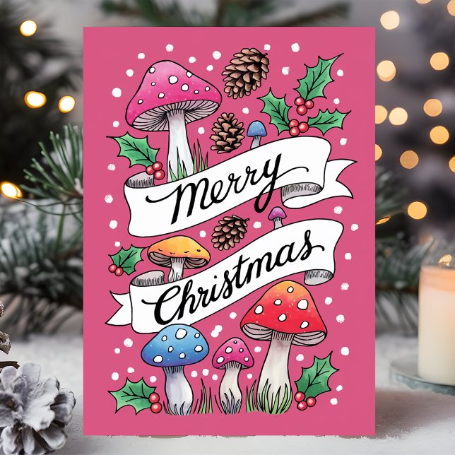 Tarjeta Festiva Pink Mushroom Merry Christmas Woodland (Subido por el creador)
