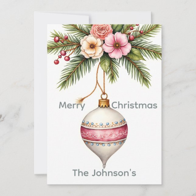 Tarjeta Festiva Pink Ornament Christmas Photo (Anverso)