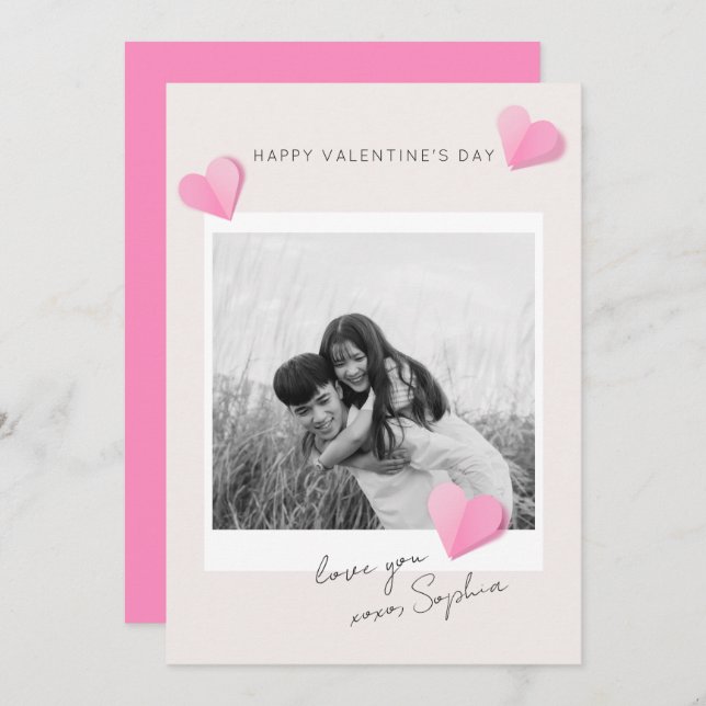 Tarjeta Festiva Pink Paper Hearts Photo Love XOXO Valentine's Day (Anverso / Reverso)