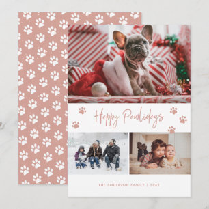 Tarjeta Festiva Pink Paw Print 3 Collage de fotos Happy Pawlidays 