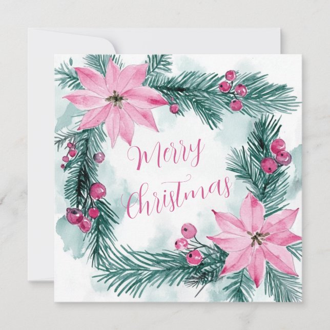 Tarjeta Festiva Pink Poinsettias Floral Christmas Card (Anverso)