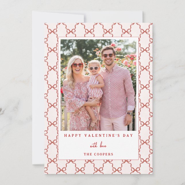 Tarjeta Festiva Pink Red Bow Happy Valentine's Day Photo Card (Anverso)