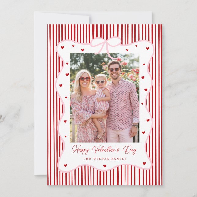 Tarjeta Festiva Pink Red Bow Love Happy Valentine's Day Photo Card (Anverso)