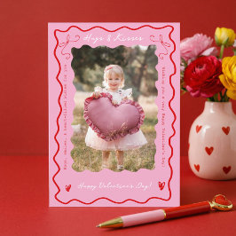 Tarjeta Festiva Pink Red Retro Wavy Scribble Child Photo Valentine
