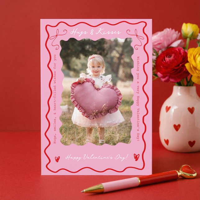 Tarjeta Festiva Pink Red Retro Wavy Scribble Child Photo Valentine (Pink Red Retro Wavy Scribble Child Photo Valentine Holiday Card)
