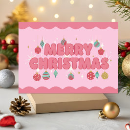 Tarjeta Festiva Pink Retro Groovy Merry Christmas