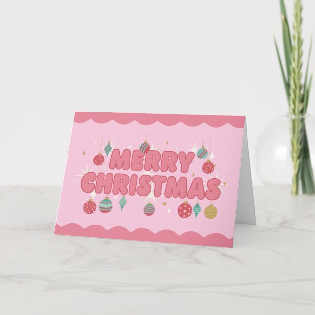 Tarjeta Festiva Pink Retro Groovy Merry Christmas (Anverso)