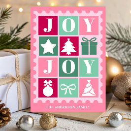 Tarjeta Festiva Pink Retro Joy Christmas Postage Stamp