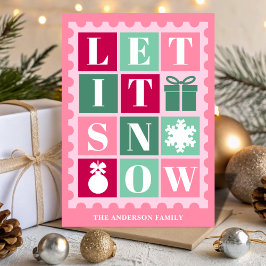 Tarjeta Festiva Pink Retro Let It Snow Christmas Postage Stamp