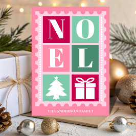 Tarjeta Festiva Pink Retro Noel Christmas Postage Stamp