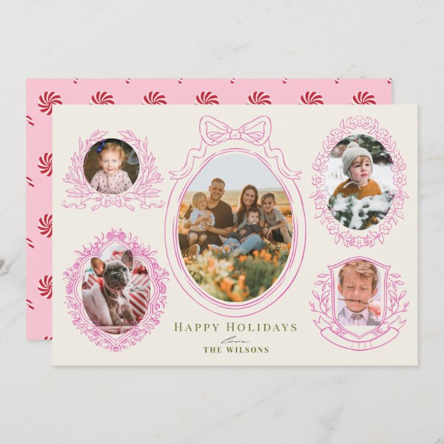 Tarjeta Festiva Pink Ribbon & Botanical Frames 5 Photo (Anverso / Reverso)