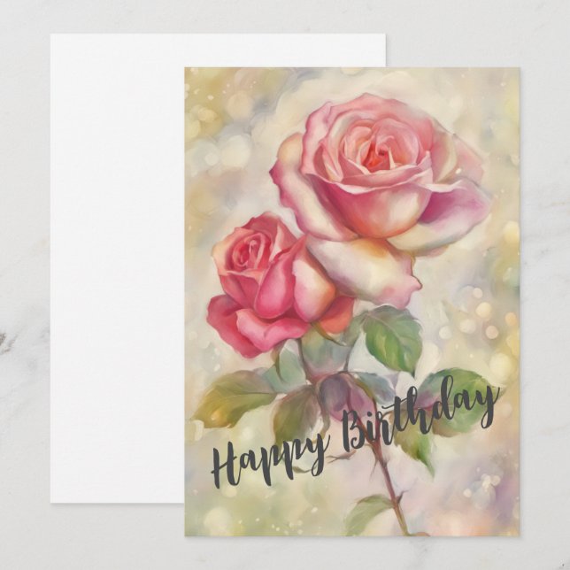 Tarjeta Festiva Pink Roses Happy Birday (Anverso / Reverso)
