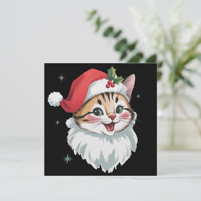 Tarjeta Festiva Pink Santa Hat Retro Cute Kitty Cat Christmas  (Anverso de pie)