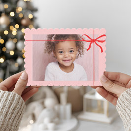 Tarjeta Festiva Pink Scallop Photo Christmas with Red Bow 