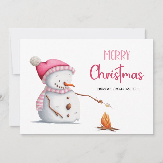 Tarjeta Festiva Pink Snowman Marshmallows Merry Christmas Business (Anverso)