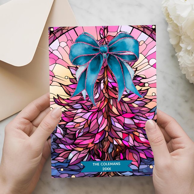 Tarjeta Festiva Pink stained glass coquette bow christmas tree (Subido por el creador)