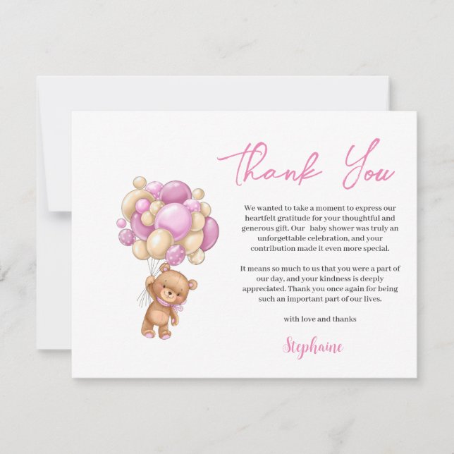 Tarjeta Festiva Pink Teddy Bear  Baby shower thank you (Anverso)