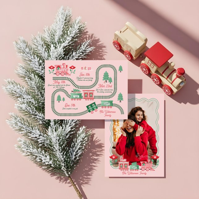 Tarjeta Festiva Pink Train Christmas Tree Delivery Photo Year End (Pink Train Christmas Tree Delivery Photo Year End Holiday Card)