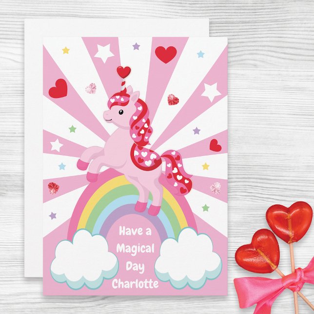 Tarjeta Festiva Pink Unicorn Valentine’s Day Kids Classroom Flat  (Subido por el creador)