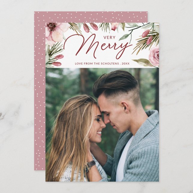 Tarjeta Festiva Pino acuarela muy morena y foto floral (Anverso / Reverso)