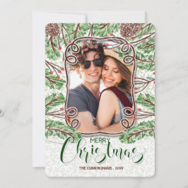 Tarjeta Festiva Pino acuarela y ramas Feliz foto navideña