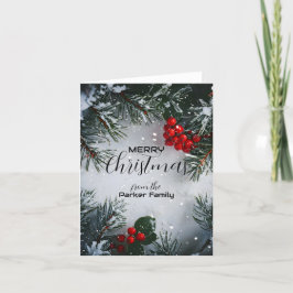 Tarjeta Festiva Pino cubierto de nieve, Holly Berries, sin foto