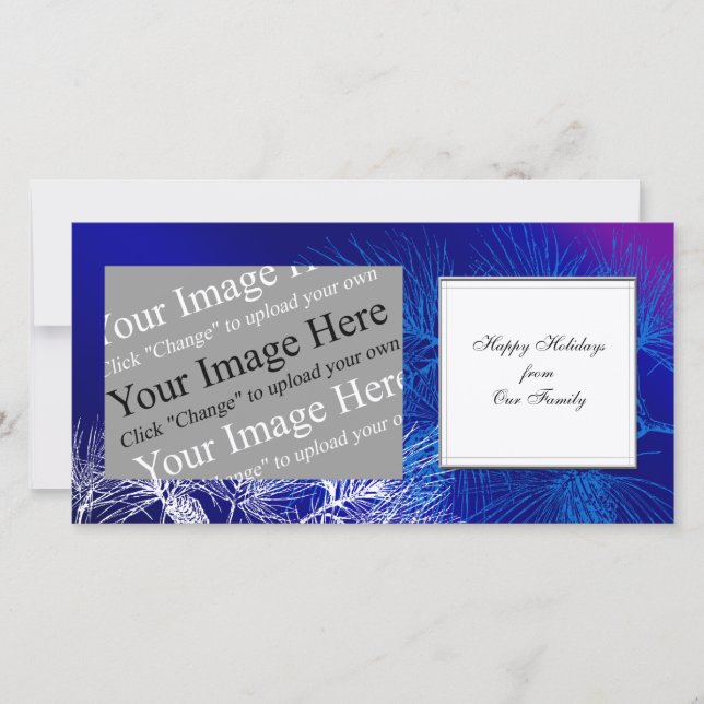 Tarjeta Festiva Pino de invierno azul y blanco personalizado (Anverso)