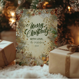 Tarjeta Festiva Pino Dorado Navideño Verde
