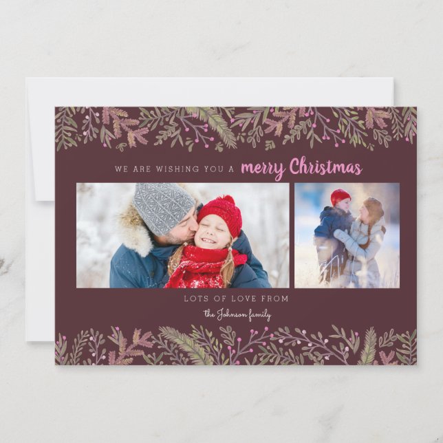 Tarjeta Festiva Pino elegante vierte Navidades rojos oscuros (Anverso)