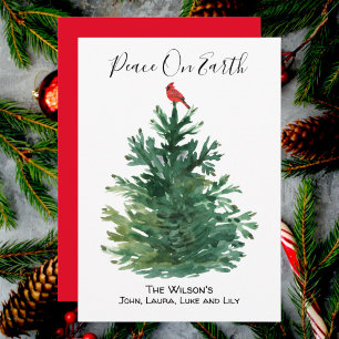 Tarjeta Festiva Pino Verde Árbol Cardenal Rojo Paz en la Tierra Pe