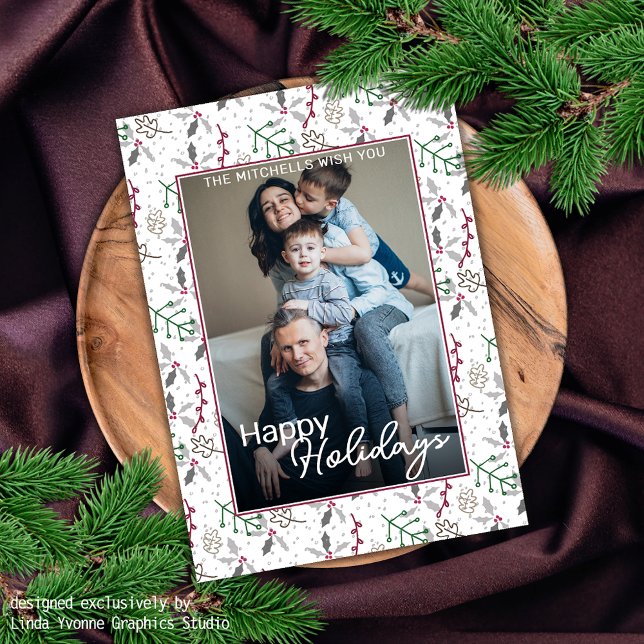 Tarjeta Festiva Pino Verde Oscuro Needles Red Holly Berries (Subido por el creador)