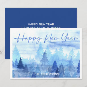 Tarjeta Festiva Pinos acuarela azul Año Nuevo Feliz invierno H