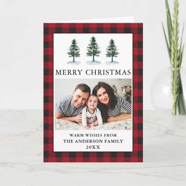 Tarjeta Festiva Pinos acuarela Navidades de foto doblados (Anverso)
