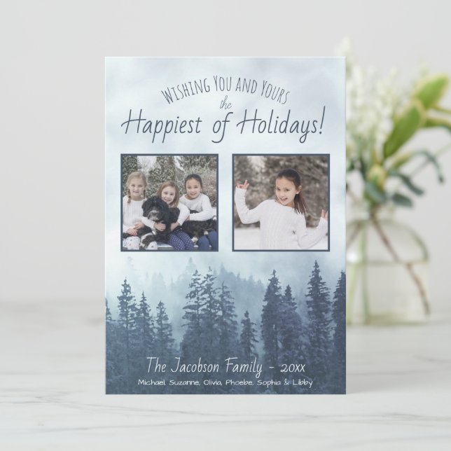 Tarjeta Festiva Pinos Azul Foggy Árboles 2 Fotoacuarela Rústica (Anverso de pie)