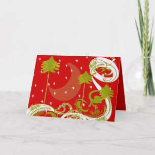 Tarjeta Festiva Pinos con luna: personalice el color de fondo