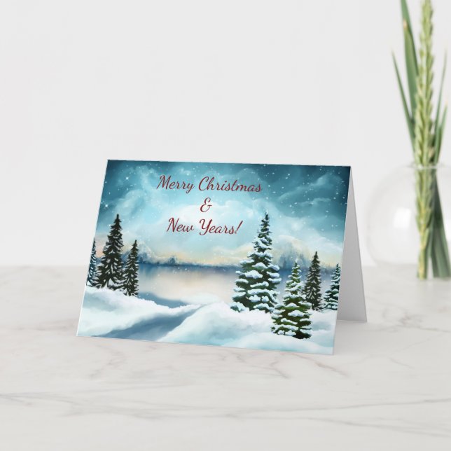 Tarjeta Festiva Pinos nevados cerca de un lago (Anverso)