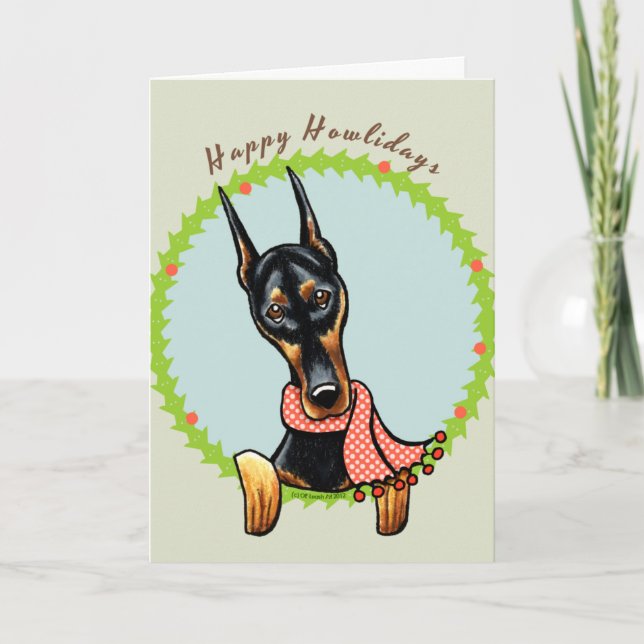 Tarjeta Festiva Pinscher Howlidays feliz del Doberman (Anverso)