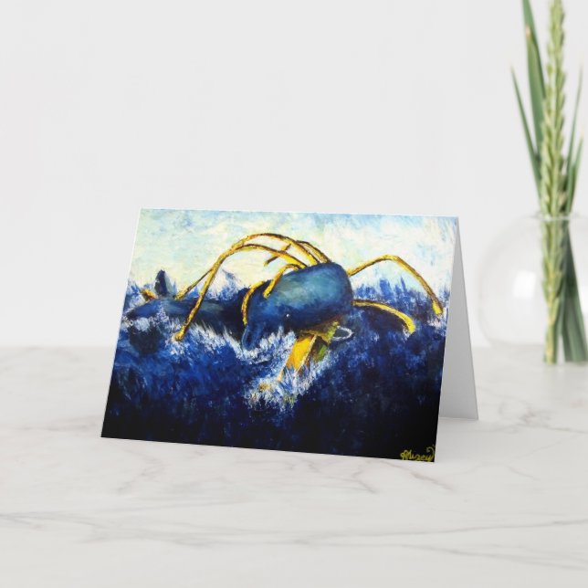 Tarjeta Festiva Pintado Bella Artes original de ballena vs colosal (Anverso)