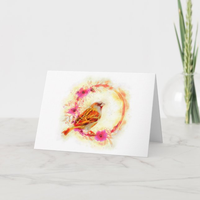 Tarjeta Festiva Pintura acuarela de gorrión y flores (Anverso)