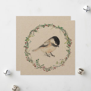 Tarjeta Festiva Pintura acuática de Chickadee de vacaciones