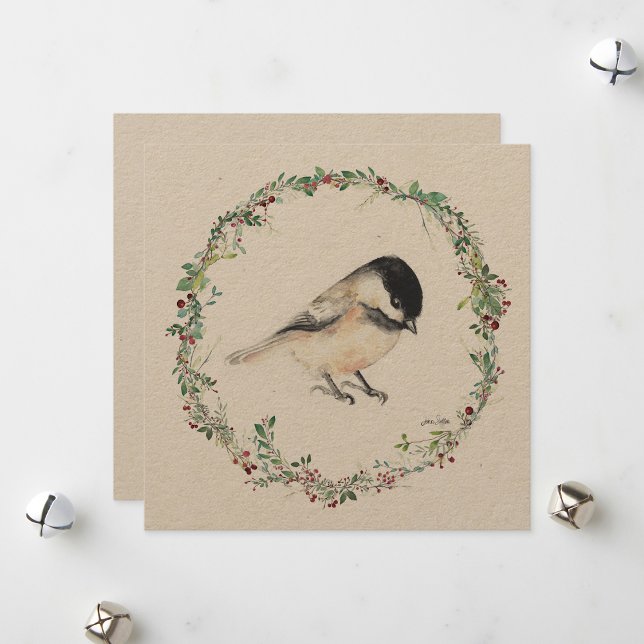 Tarjeta Festiva Pintura acuática de Chickadee de vacaciones (Holiday Tiny Chickadee Watercolor Painting from Jenn's Emporium. )