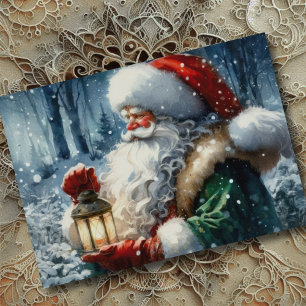 Tarjeta Festiva Pintura al acuarela Papá Noel en bosque nevado