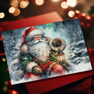 Tarjeta Festiva Pintura de acuarela Papá Noel en bosque nevado