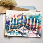 Tarjeta Festiva Pintura de color de agua Menorah Happy Hanukkah<br><div class="desc">Artículos con temática navideña diseñados por Umua. Impreso y enviado por Zazzle o sus afiliados.</div>