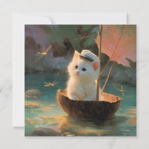 Tarjeta Festiva Pintura de gatito blanco esponjoso navegando en co
