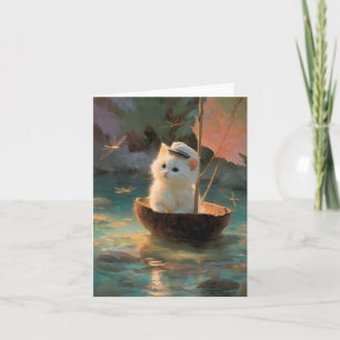 Tarjeta Festiva Pintura de gatito blanco esponjoso navegando en co
