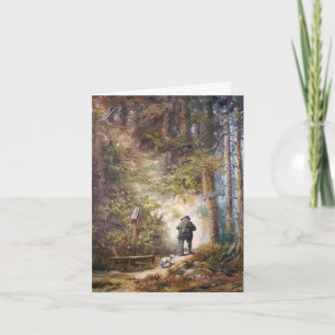 Tarjeta Festiva Pintura de hombre y perro caminando por un sendero