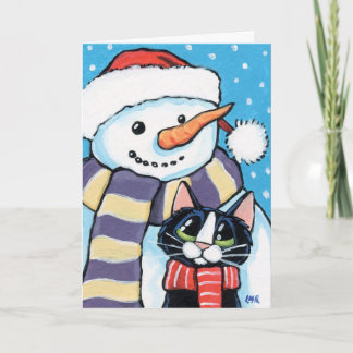 Tarjeta Festiva Pintura de muñeco de nieve de gato y nariz de garr