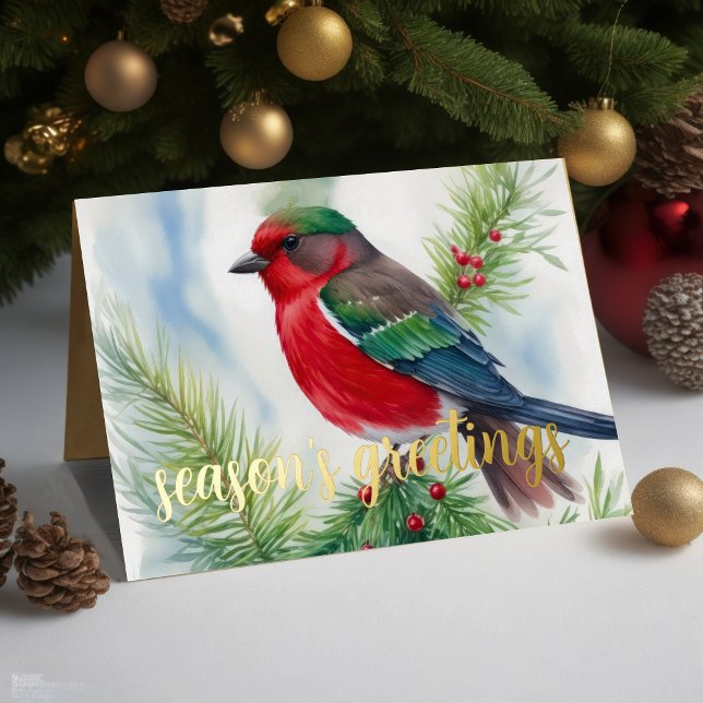 Tarjeta Festiva Pintura de pájaro rojo verde de invierno (Subido por el creador)